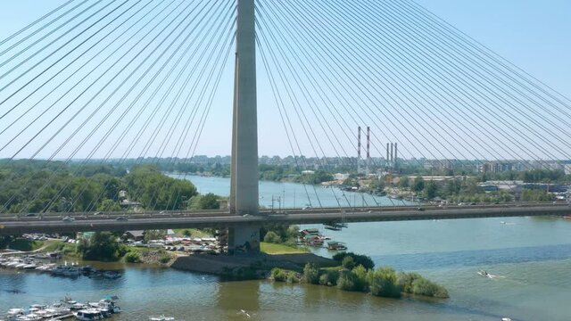 Ada Bridge in Belgrade Serbia, aerial view of cable bridge over Sava river