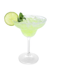 Glass of cold daiquiri cocktail on white background
