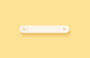 3D search bar. Browser button for website and UI design. Search form template. Vector illustration on soft yellow background.