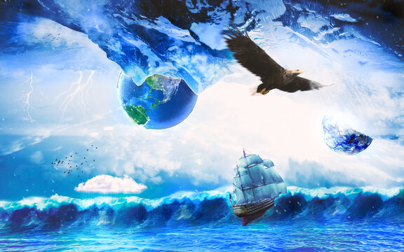 Futuristic collage with mountains with lightning, birds, inverted planets and surface space with a sailing ship in a tsunami.
