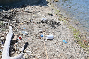 Umweltverschmutzung durch Müll von weggeworfenes Plastik Treibgut Meer, Strand