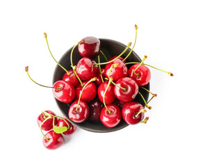 Fototapeta na wymiar Bowl with sweet cherry on white background