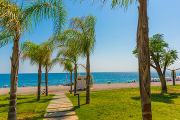 ANTALYA, TURKEY: Konyaalti beach and the Mediterranean sea in sunny summer in Antalya.