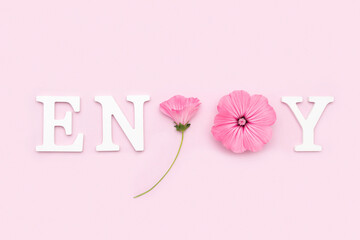 Enjoy. Motivational quote from white letters and beauty natural flowers on pink background. Creative concept inspirational quote of the day