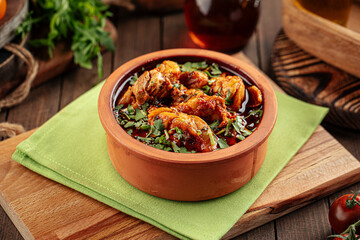 Georgian dish chakhokhbili stewed chicken in a clay bowl
