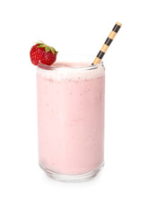 Glass of strawberry Pina Colada cocktail on white background