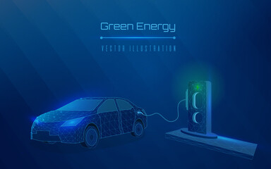 Charging Electric Car Battery at Electric Recharge Station. Modern Hybrid Auto. New Alternative Energy Vehicle. Futuristic Transport, Green Energy. dark-blue background, plexus. wireframe. triangle - obrazy, fototapety, plakaty