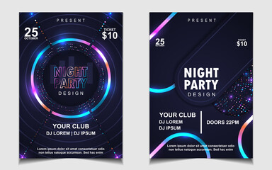 Night dance party music layout cover design template background with colorful dark blue glitters style. Light electro vector for music event concert disco, club invitation, festival poster, flyer - obrazy, fototapety, plakaty