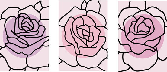 A collection of modern art abstractions with a sketch of a rose (hand drawn) and centered geometric shape (circle) on a pink background