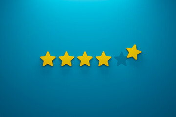Customer experience and satisfaction concept. Icon five star excellent rating on background. 3d illustration