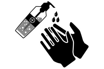 Black and white small bottle of hand sanitizers. alcohol rub on both hand. 
