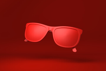 Red Glasses floating in red background. minimal concept idea creative. monochrome. 3D render.