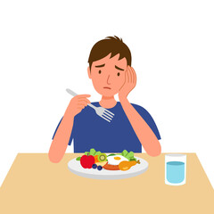 Man feel not hungry concept vector illustration on white background. Guy unable to eat.