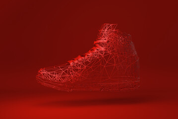 Abstract geometric network polygon shoe in red background. minimal concept idea creative. 3D render.