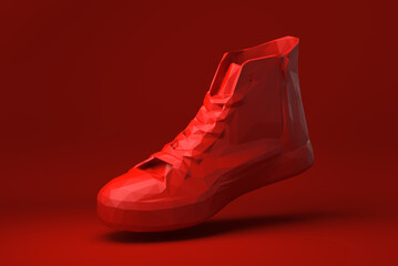 Red shoe floating in red background. minimal concept idea creative. origami style. 3D render.