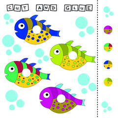  Fishes worksheet vector design, the task is to cut and glue a piece on colorful cute fishes . Logic game for children.