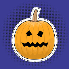 Carved scary pumpkin, Jack-o-Lantern on a purple violet pop art halftone background, Halloween holiday, black dots in the form of a circle, pins or patches, retro style, vector illustration