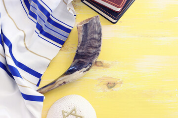 religion image of shofar (horn) on white prayer talit. Rosh hashanah (jewish New Year holiday),...