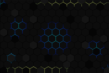 Abstract black hexagon pattern on neon background technology style. Honeycomb. Dark hexagon wallpaper or background.