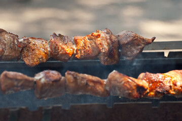 Slice pieces of meat on the grill. barbecue at the festival. Cheese and roasted veal on skewers.