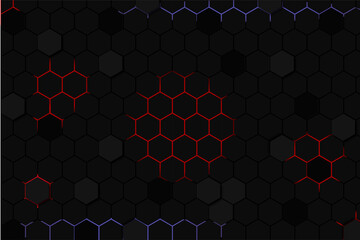 Abstract black hexagon pattern on red neon background technology style. Honeycomb. Dark hexagon wallpaper or background.