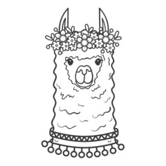 Cute llama with a wreath of flowers on his head. Portrait of a cute animal - coloring book page. Vector illustration isolated on white background.
