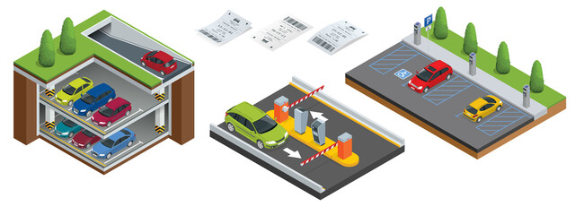 Isometric Underground parking with cars. Indoor car park under house or office. City parking lot with a set of different cars. Public car-park. Car in the parking lot and Parking tickets.