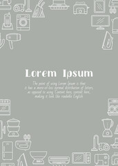 Home machines - vertical card with text and vector outline illustrations of refrigerator, vacuum, microwave, blender, oven, kettle and other appliances for graphic design