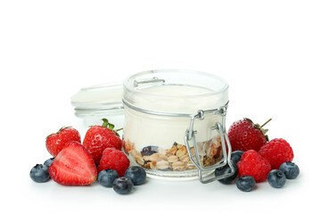 Yogurt with granola and berries isolated on white background