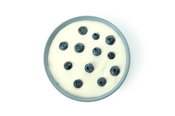 Bowl of blueberry yogurt isolated on white background