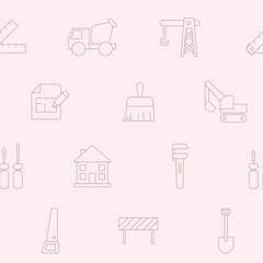 Construction - Vector background (seamless pattern) of building, crane, truck, bulldozer, saw, wrench, shovel and other tool for graphic design