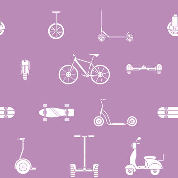 Electric transport - Vector background (seamless pattern) of silhouettes scooter, skate, skateboard and bike for graphic design