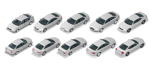 Isometric Car Sedan. Automobile set. Urban transport. Silver sedan car on white background - obrazy, fototapety, plakaty