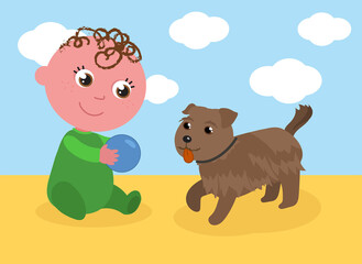 Obraz na płótnie Canvas Disabled cute child without a leg playing with dog and ball, vector illustration