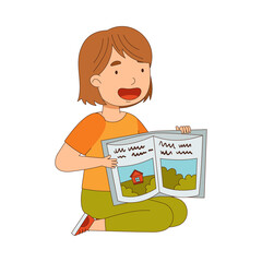 Young Female Sitting on the Floor and Reading Book Out Loud Vector Illustration