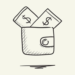 The purse is full of dollars. Hand drawn vector illustration.