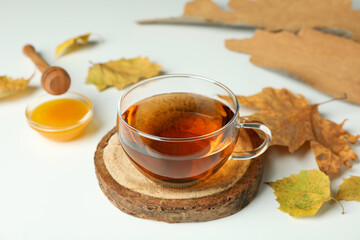 Cozy autumn concept background with tea drink