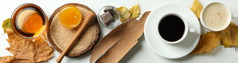 Cozy autumn concept background with tea and coffee