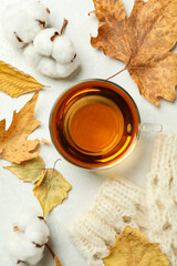 Cozy autumn concept background with tea drink