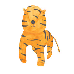 Obraz na płótnie Canvas Watercolor tiger isolated on a white background. A hand-drawn cub of a tiger is walking. African animal clipart. Cute safari animal illustration. Zoo print. Wildlife object in cartoon style.