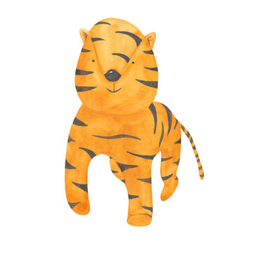 Watercolor tiger isolated on a white background. A hand-drawn cub of a tiger is walking. African animal clipart. Cute safari animal illustration. Zoo print. Wildlife object in cartoon style.