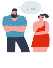 A man and a woman are standing next to each other and thinking about something. Flat vector illustration