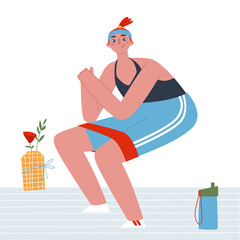 Athletic girl squatting with a rubber band. Body exercises. Flat vector illustration.