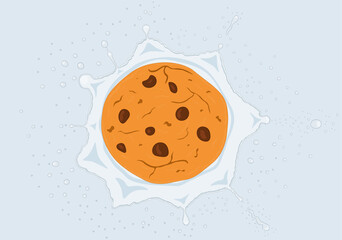 Chocolate chip cookie falls in milk splash vector illustration