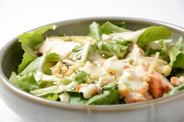 Caesar Salad with grilled chicken, Cheese and Croutons with lettuce, on plate.  Grilled chicken breasts and fresh vegetables in plate.