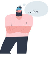 A bearded handsome man in a pink T-shirt stands brooding. Flat vector illustration. 