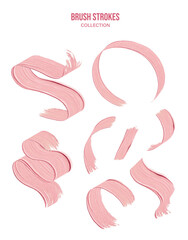 Set of realistic textured artistic brush strokes, traces of watercolor, acrylic, oil paint pink. Soft pastel colors. 8 elements.  Swatch cosmetics 