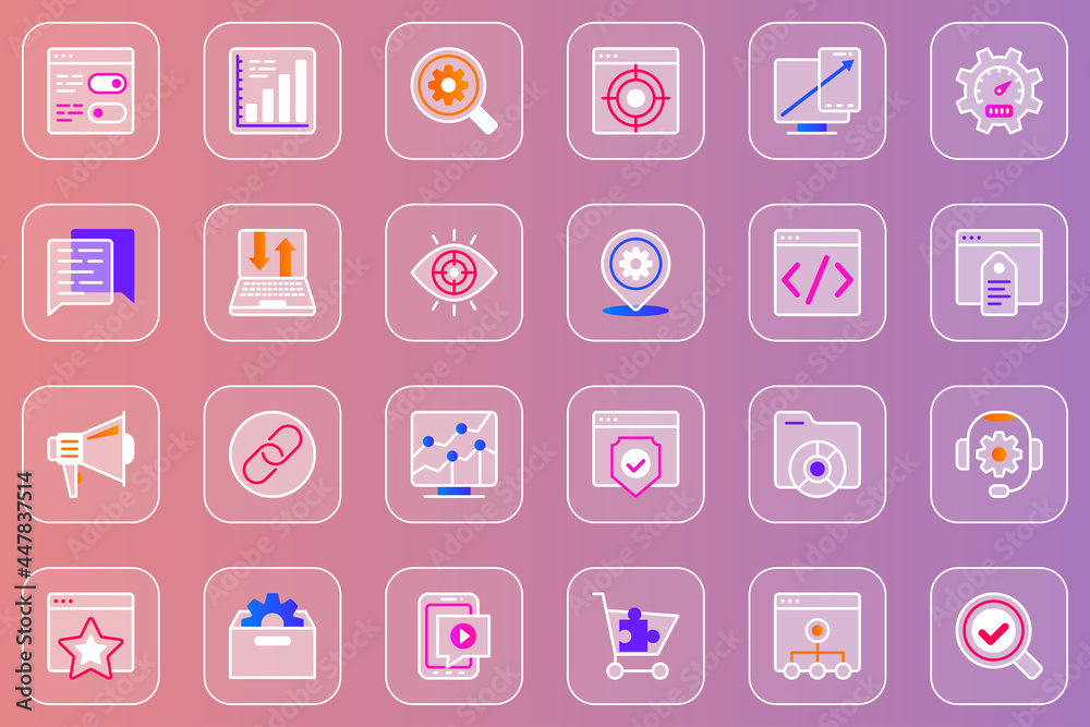 Aufkleber SEO optimization web glassmorphic icons set. Pack outline pictograms of data analysis, search machine, target, speed, settings, link, tech support, development and other. Vector line glass symbols