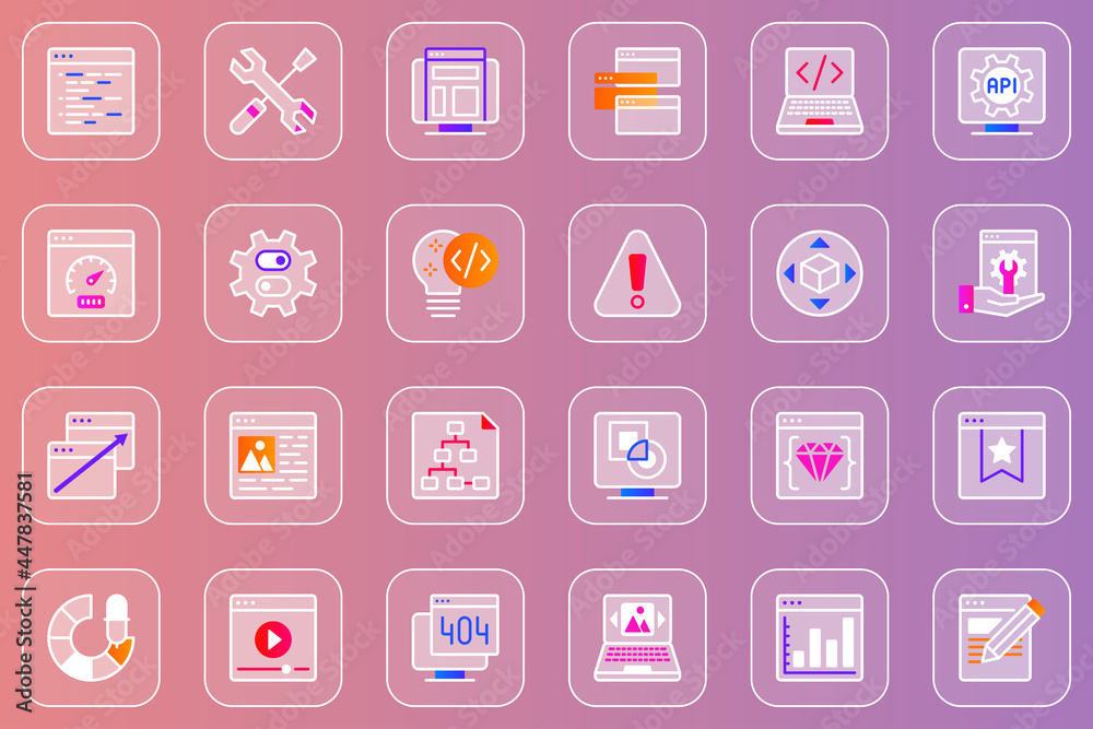 Aufkleber web development glassmorphic icons set. pack outline pictograms of settings, code, speed, computer, 