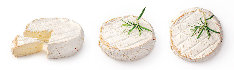 Fresh camembert cheese with sliced camembert isolated. Camembert cheese piece with rosemary on white background. Set of camembert cheeses.